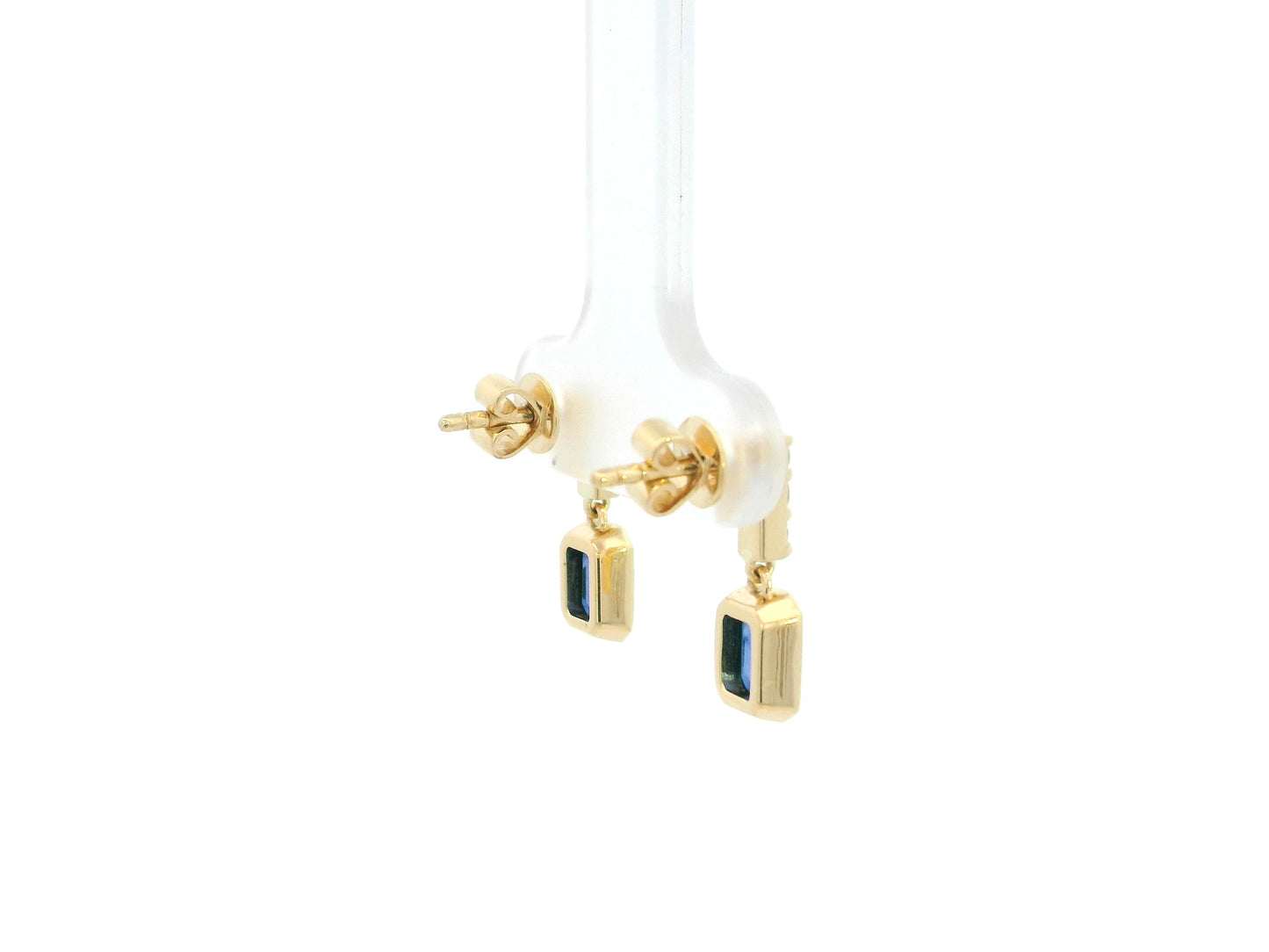 Blue sapphire and diamond drop earrings in 18K yellow gold emerald cut sapphire design