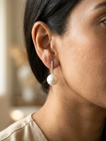 South Sea pearl and diamond drop earrings in 18K white gold with diamond hoop setting