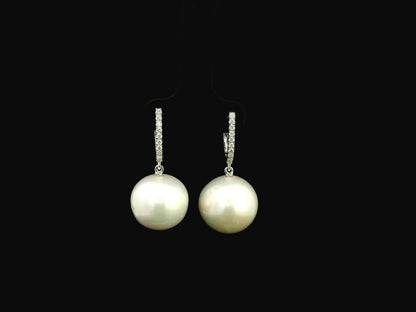 South Sea pearl and diamond drop earrings in 18K white gold with diamond hoop setting