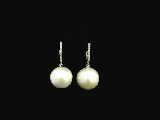 South Sea pearl and diamond drop earrings in 18K white gold with diamond hoop setting
