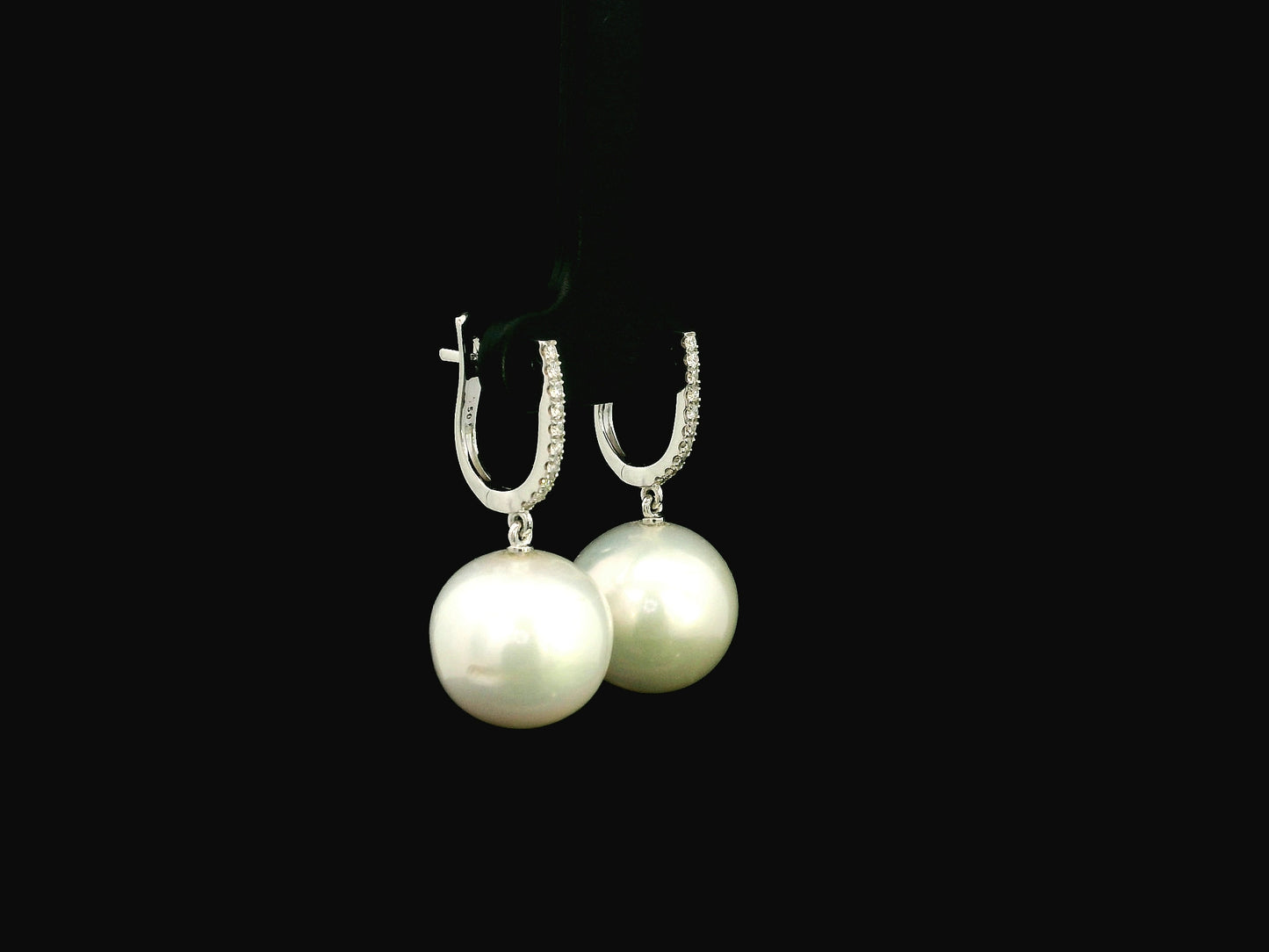South Sea pearl and diamond drop earrings in 18K white gold with diamond hoop setting