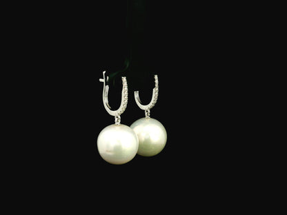 South Sea pearl and diamond drop earrings in 18K white gold with diamond hoop setting