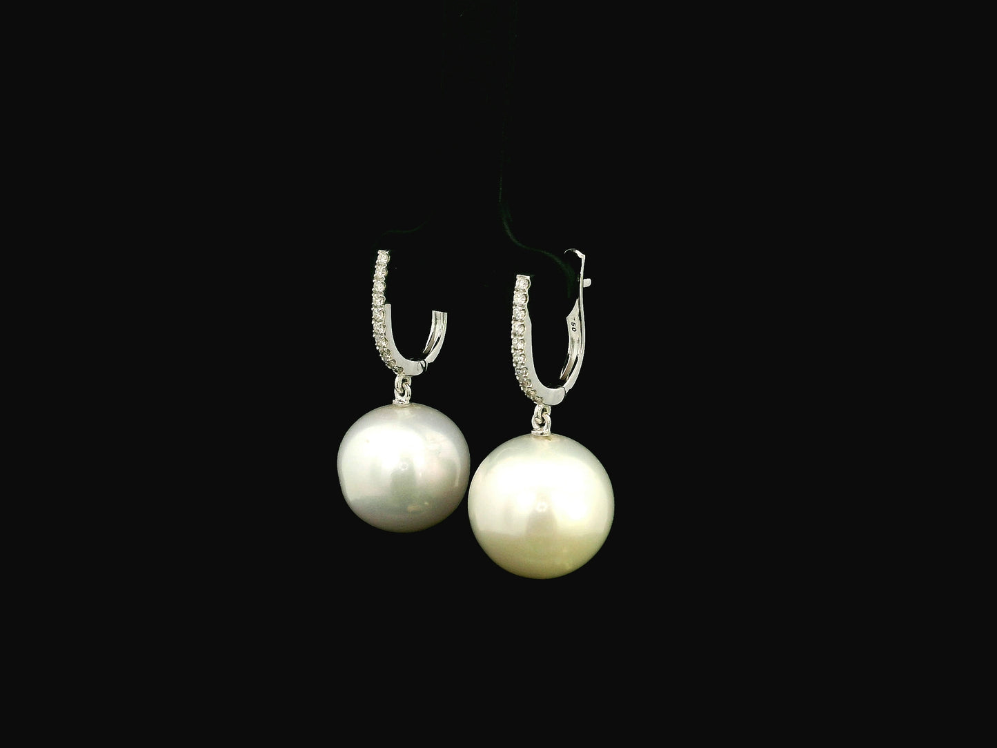 South Sea pearl and diamond drop earrings in 18K white gold with diamond hoop setting