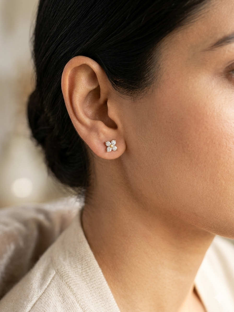 Diamond cluster stud earrings in 18K yellow gold with four-stone natural diamond design