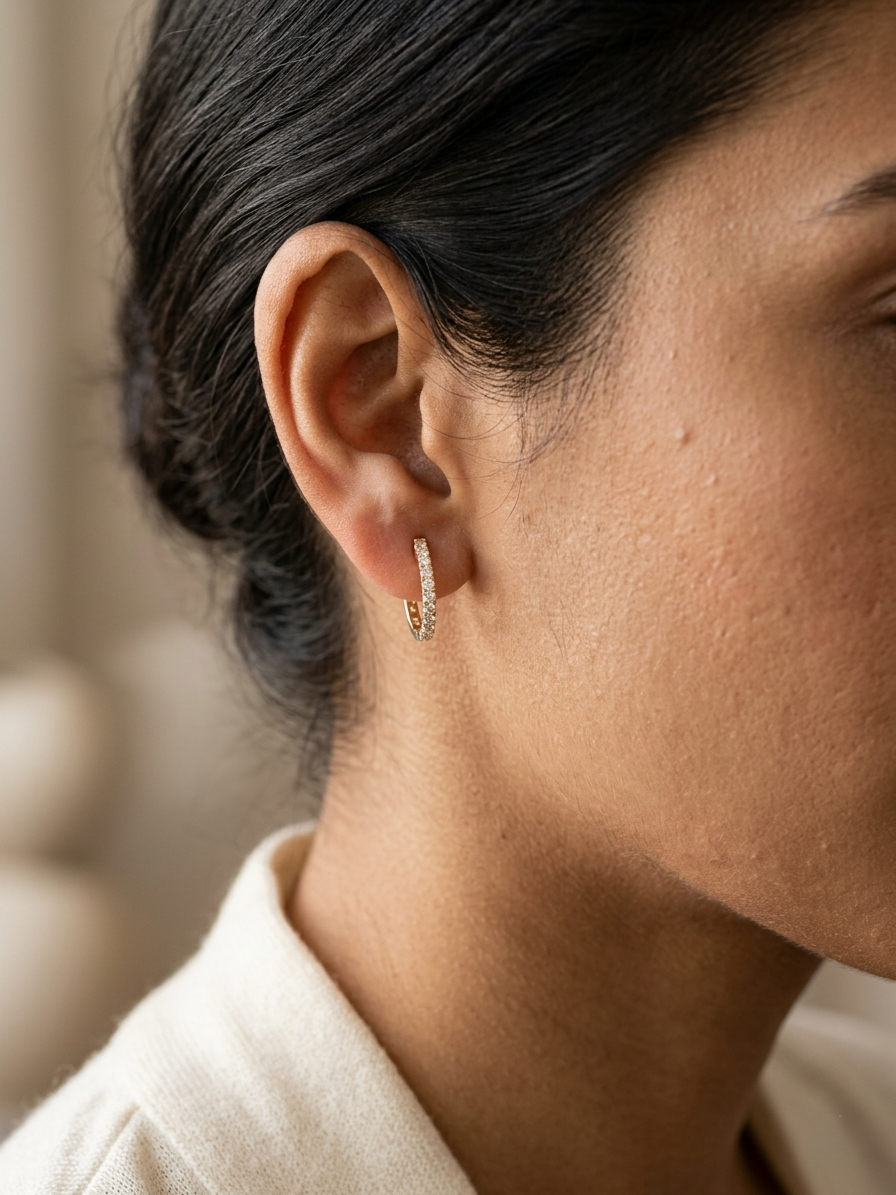 18K yellow gold diamond hoop earrings with slim minimalist design and natural diamonds