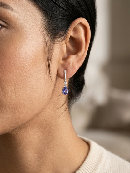 Blue sapphire and diamond drop earrings in 18K white gold