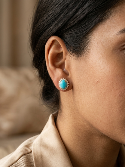 Turquoise and diamond halo stud earrings in 18K yellow gold