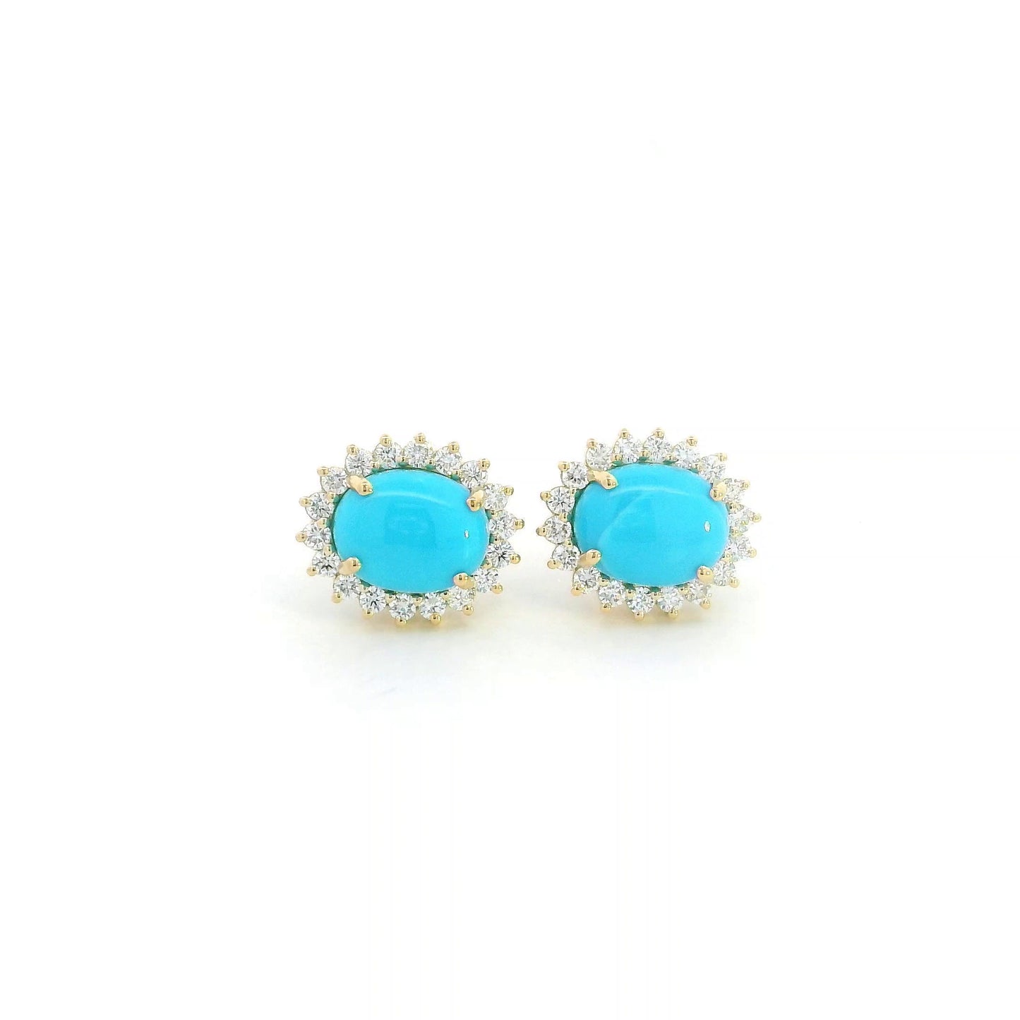 Turquoise and diamond halo stud earrings in 18K yellow gold