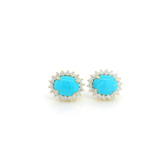 Turquoise and diamond halo stud earrings in 18K yellow gold