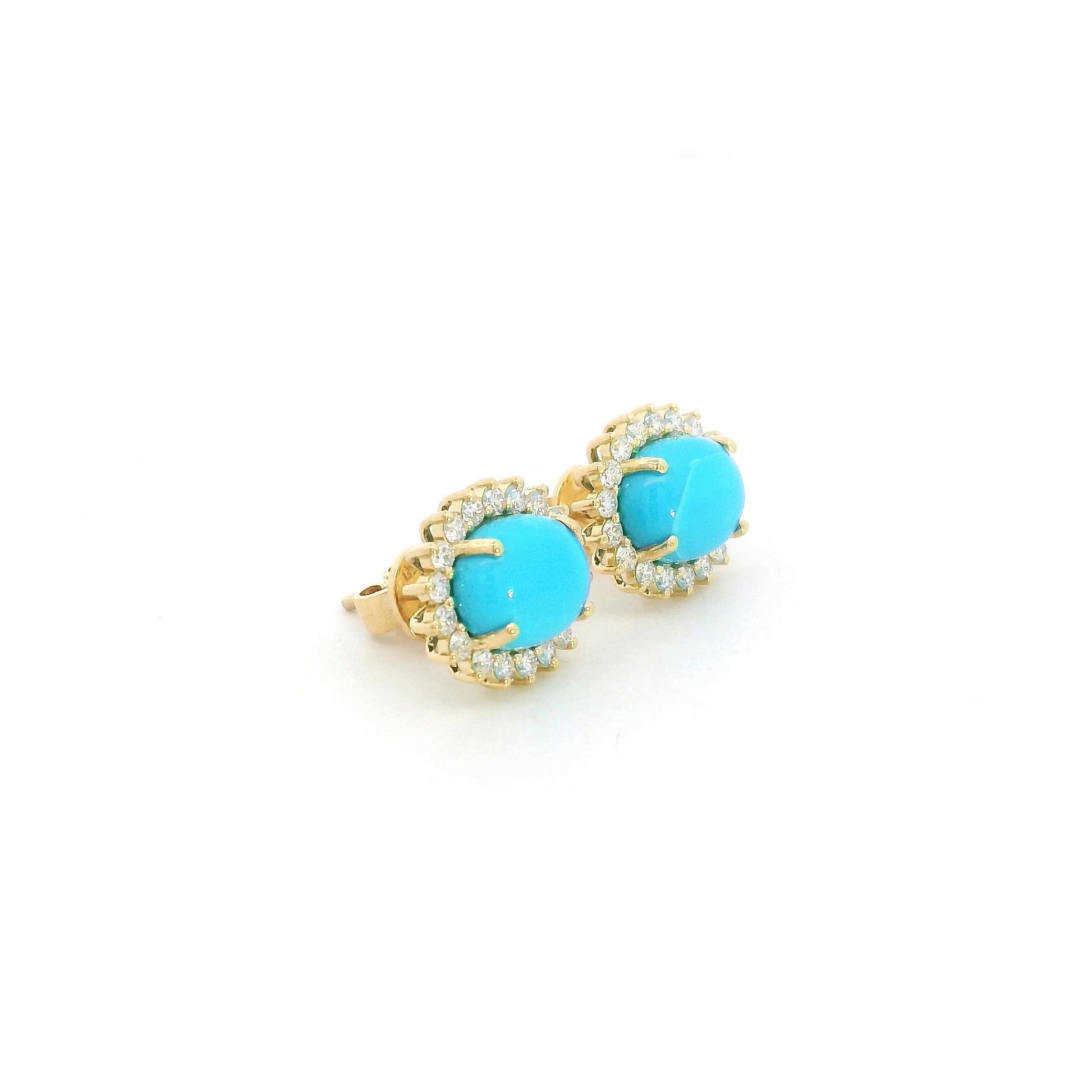 Turquoise and diamond halo stud earrings in 18K yellow gold