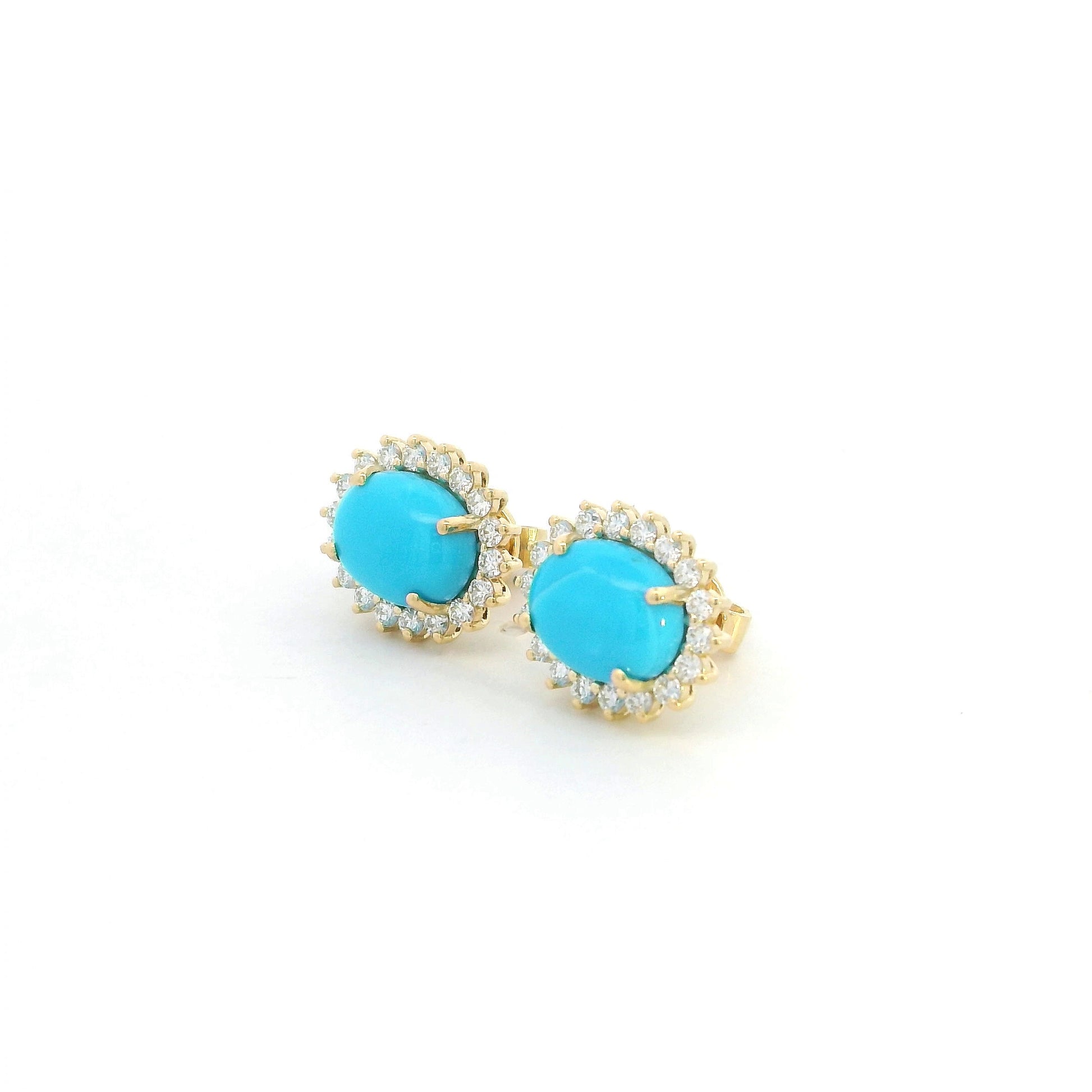 Turquoise and diamond halo stud earrings in 18K yellow gold