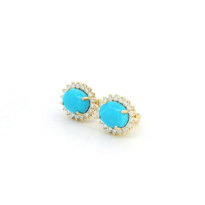 Turquoise and diamond halo stud earrings in 18K yellow gold