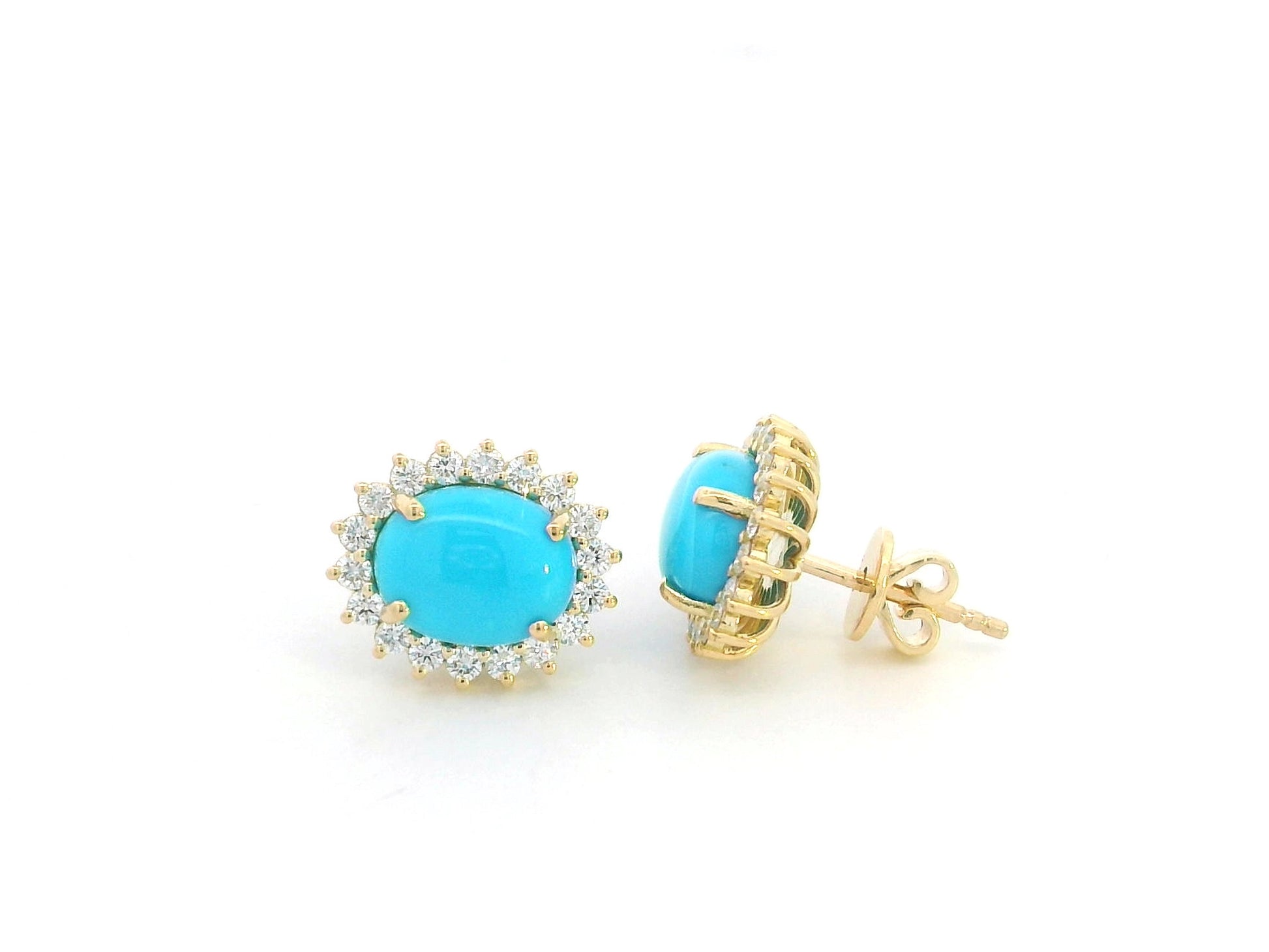 Turquoise and diamond halo stud earrings in 18K yellow gold