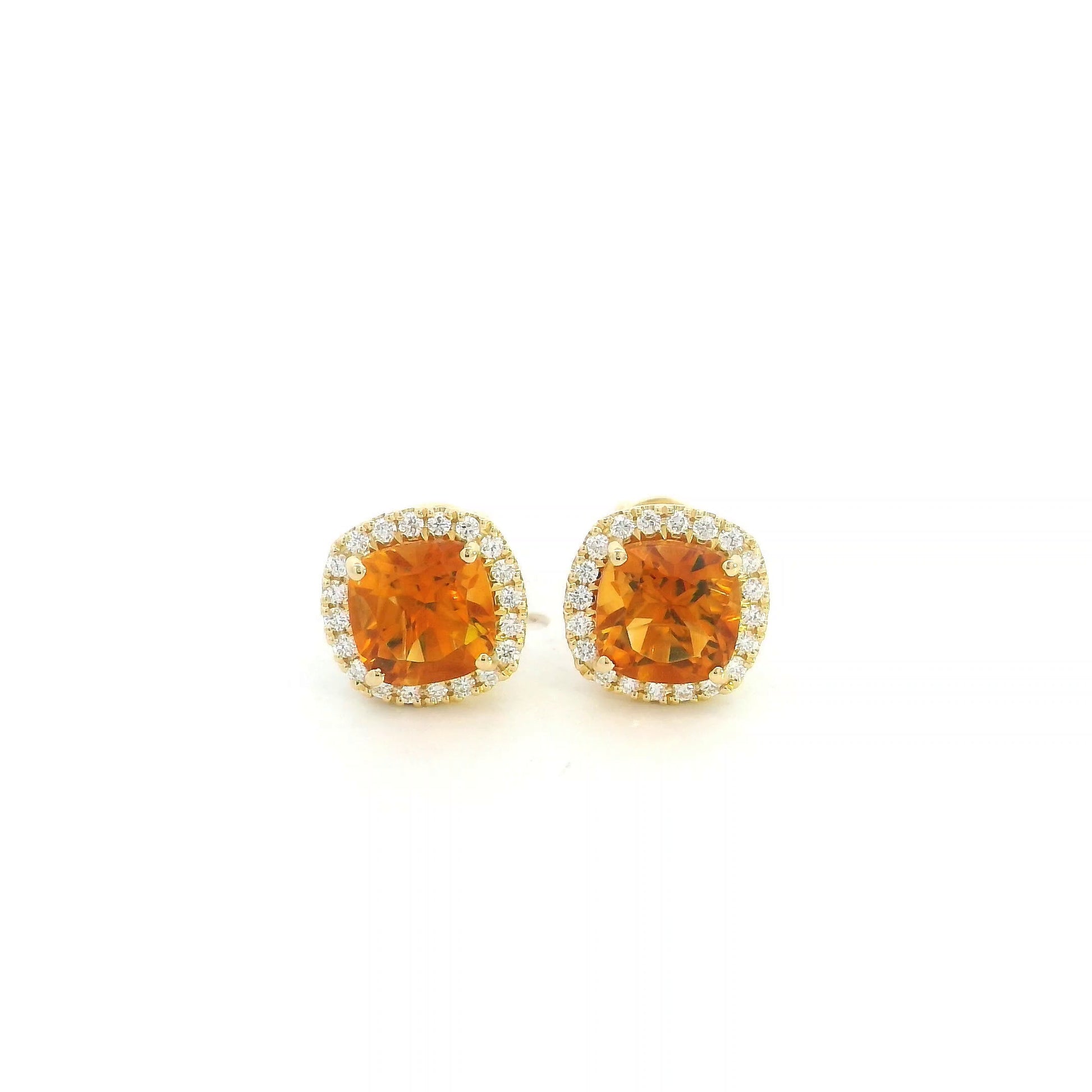 Citrine and diamond halo stud earrings in 18K yellow gold with cushion-cut citrine gemstones