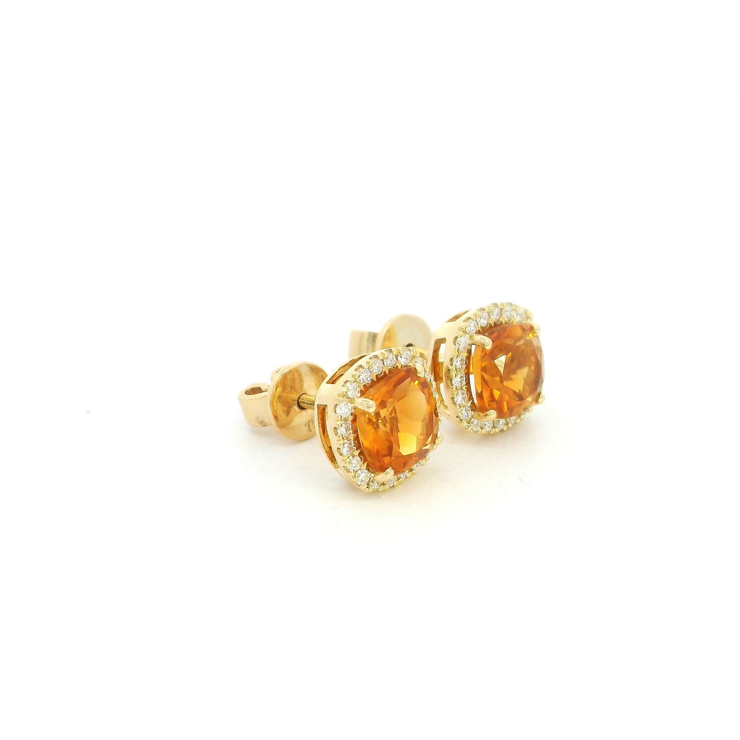 Citrine and diamond halo stud earrings in 18K yellow gold with cushion-cut citrine gemstones