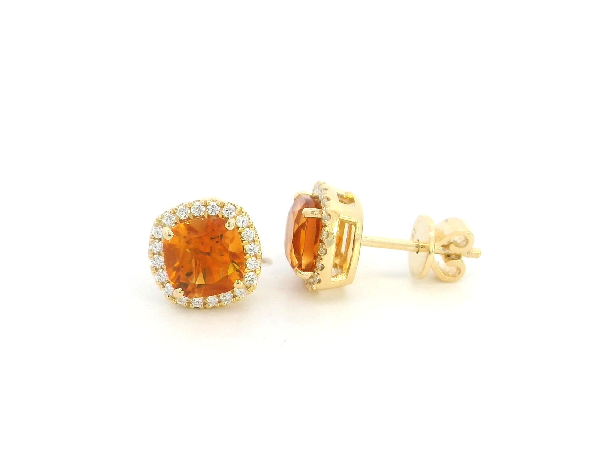 Citrine and diamond halo stud earrings in 18K yellow gold with cushion-cut citrine gemstones
