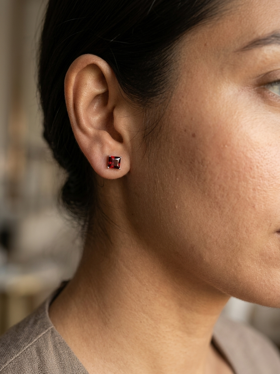 Princess Cut Garnet Stud Earrings in 18K White Gold with 1.68 Carat Natural Garnets