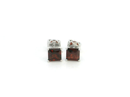 Princess Cut Garnet Stud Earrings in 18K White Gold with 1.68 Carat Natural Garnets