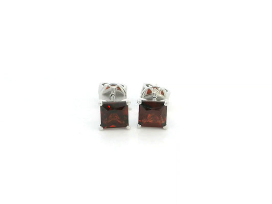 Princess Cut Garnet Stud Earrings in 18K White Gold with 1.68 Carat Natural Garnets
