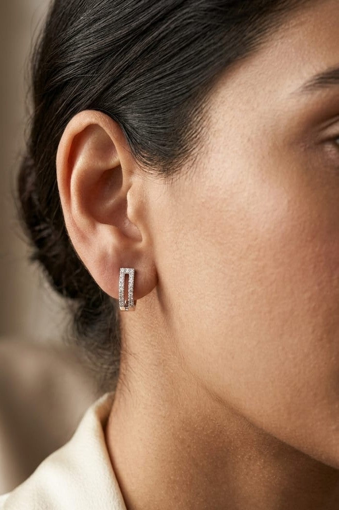 Double row  diamond hoop earrings in 18K white gold with pavé-set natural diamonds.