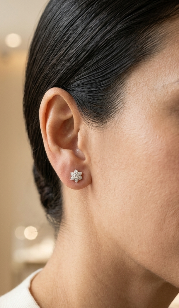 Diamond flower cluster stud earrings in 18K white gold by Emirates Diamonds