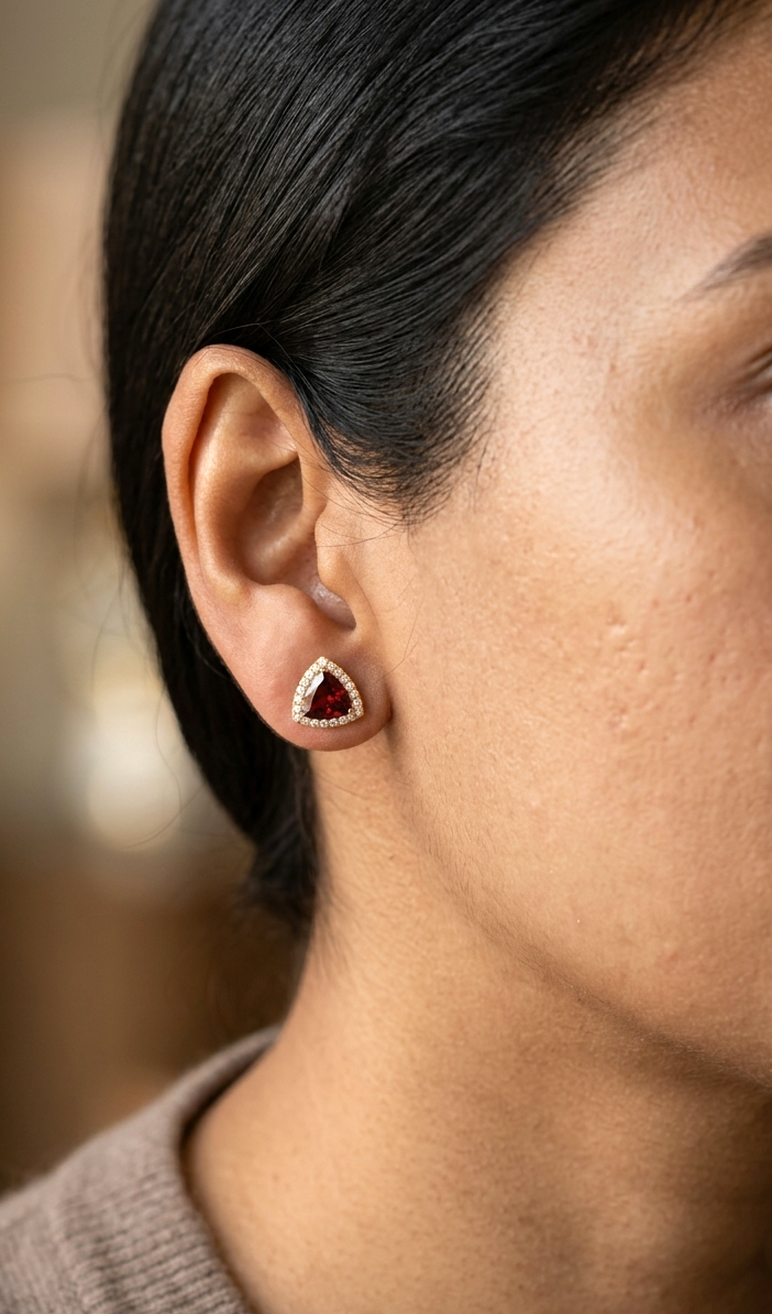 Trillion Cut Garnet and Diamond Halo Stud Earrings in 18K Yellow Gold by Emirates Diamonds