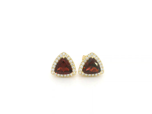 Trillion Cut Garnet and Diamond Halo Stud Earrings in 18K Yellow Gold by Emirates Diamonds