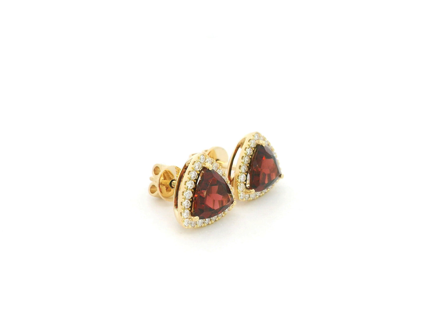 Trillion Cut Garnet and Diamond Halo Stud Earrings in 18K Yellow Gold by Emirates Diamonds