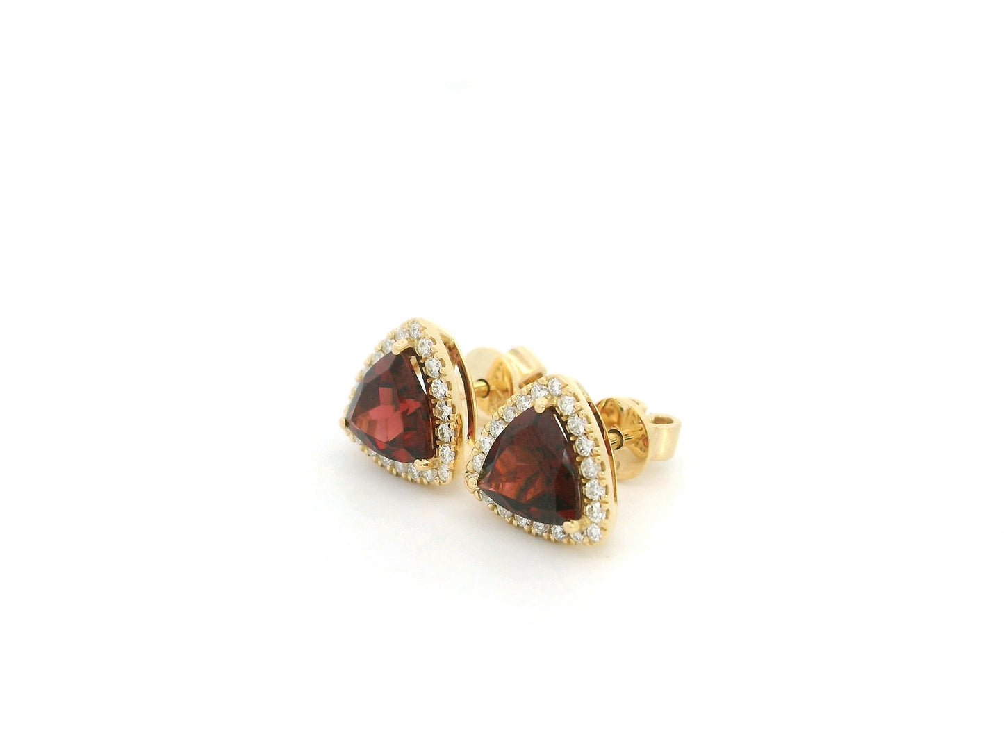 Trillion Cut Garnet and Diamond Halo Stud Earrings in 18K Yellow Gold by Emirates Diamonds