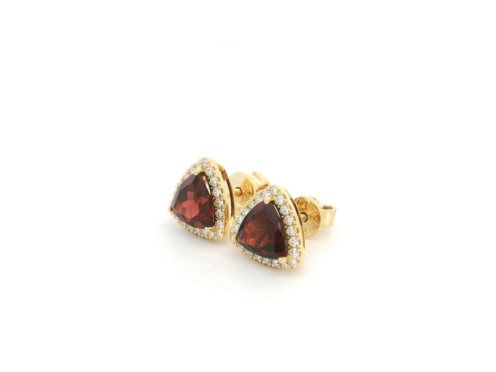 Trillion Cut Garnet and Diamond Halo Stud Earrings in 18K Yellow Gold by Emirates Diamonds