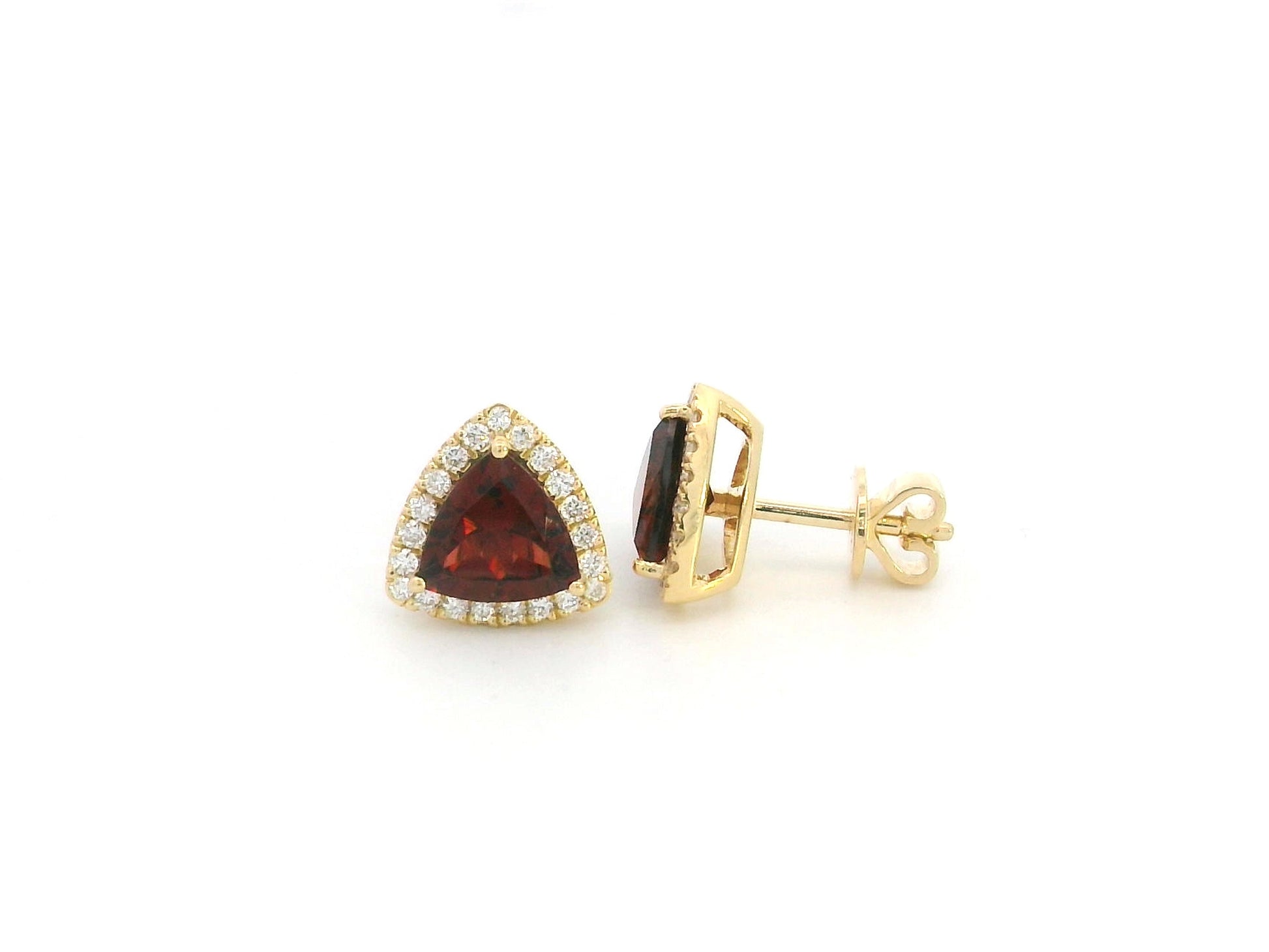 Trillion Cut Garnet and Diamond Halo Stud Earrings in 18K Yellow Gold by Emirates Diamonds