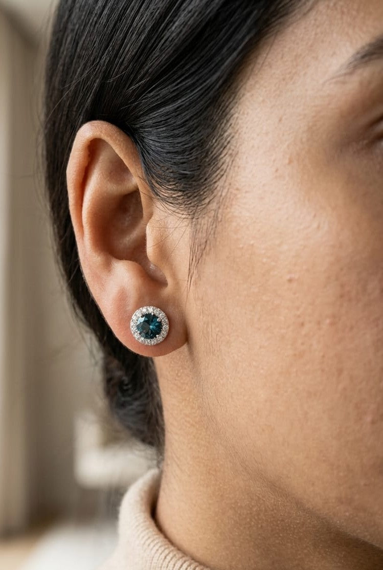 London Blue Topaz & Diamond Halo Stud Earrings in 18K White Gold