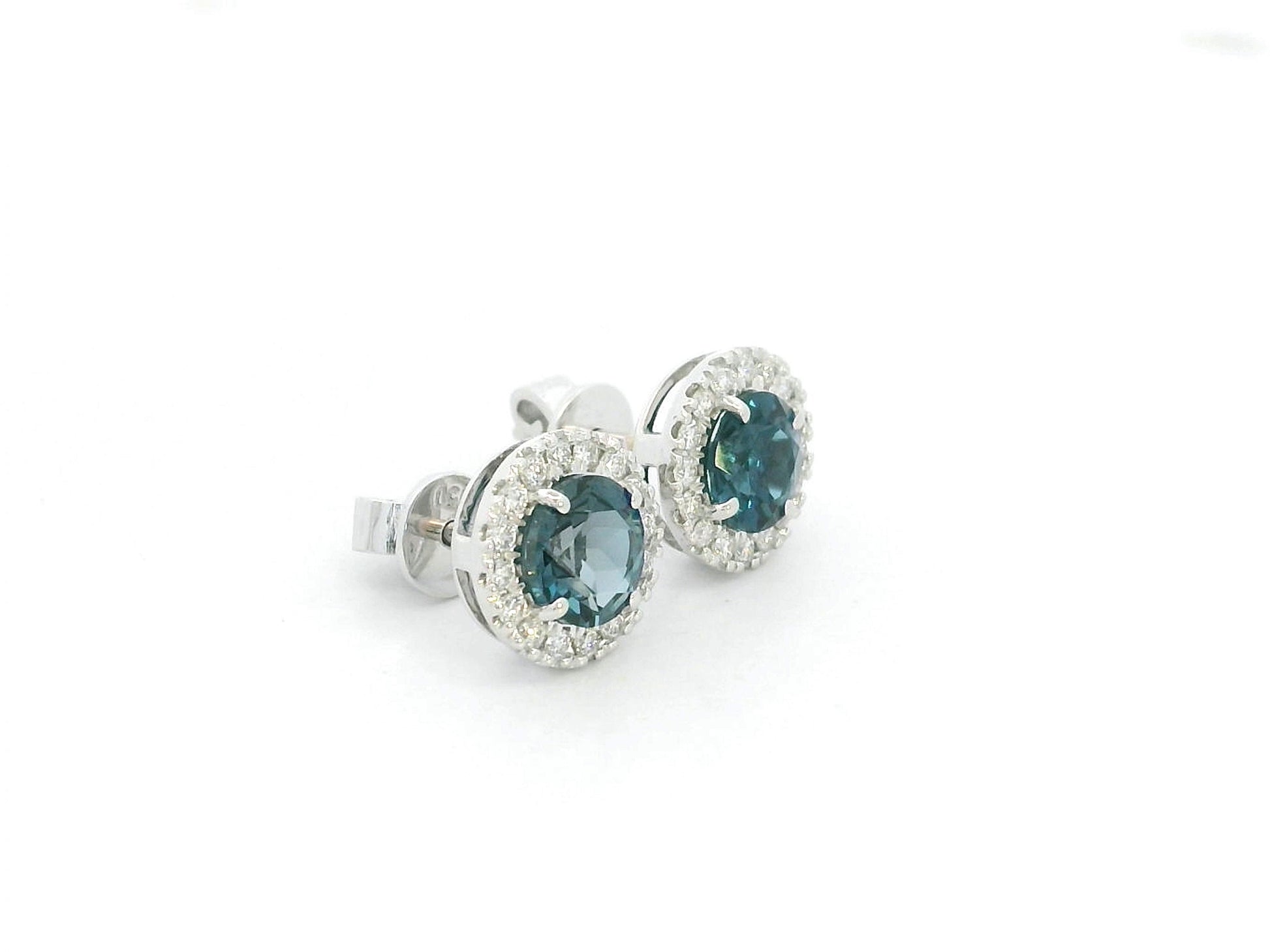 London Blue Topaz and Diamond Halo Stud Earrings in 18K White Gold with 1.85 Carat Natural London Blue Topaz