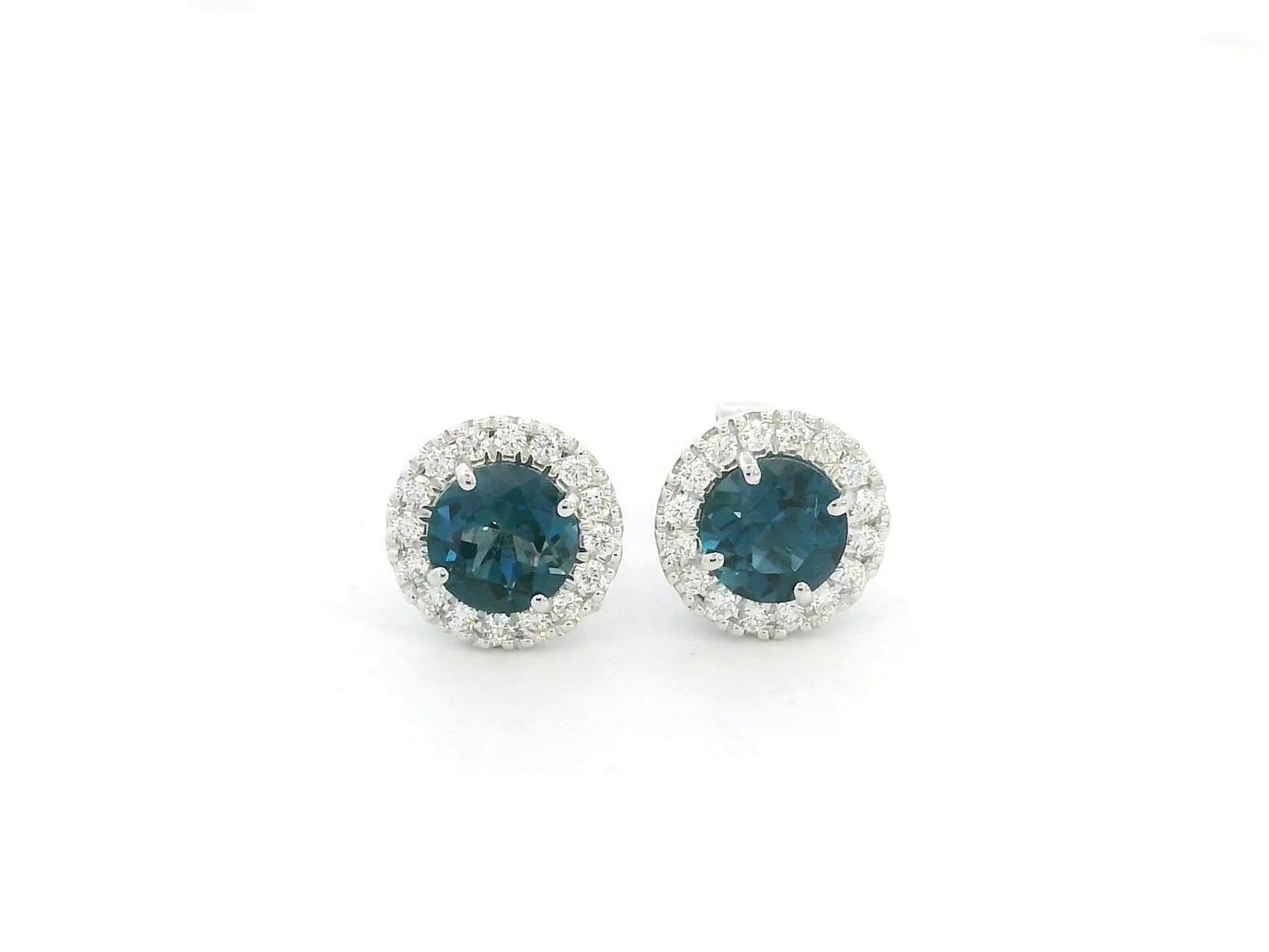 London Blue Topaz and Diamond Halo Stud Earrings in 18K White Gold with 1.85 Carat Natural London Blue Topaz