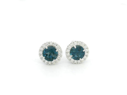 London Blue Topaz and Diamond Halo Stud Earrings in 18K White Gold with 1.85 Carat Natural London Blue Topaz