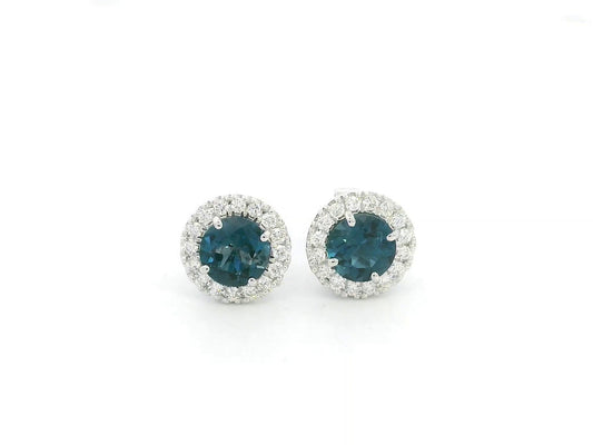 London Blue Topaz and Diamond Halo Stud Earrings in 18K White Gold with 1.85 Carat Natural London Blue Topaz