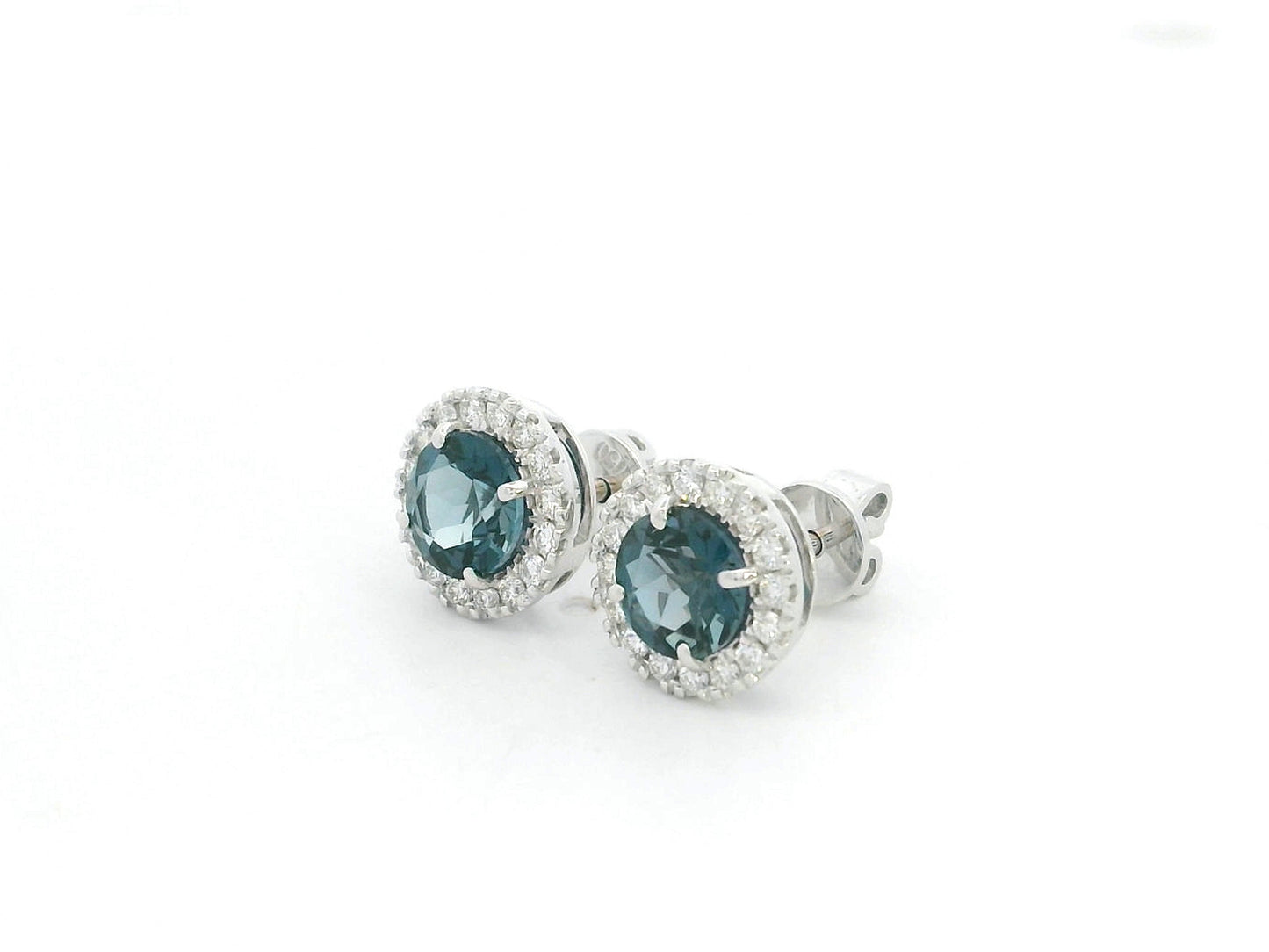London Blue Topaz and Diamond Halo Stud Earrings in 18K White Gold with 1.85 Carat Natural London Blue Topaz