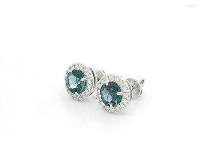London Blue Topaz and Diamond Halo Stud Earrings in 18K White Gold with 1.85 Carat Natural London Blue Topaz