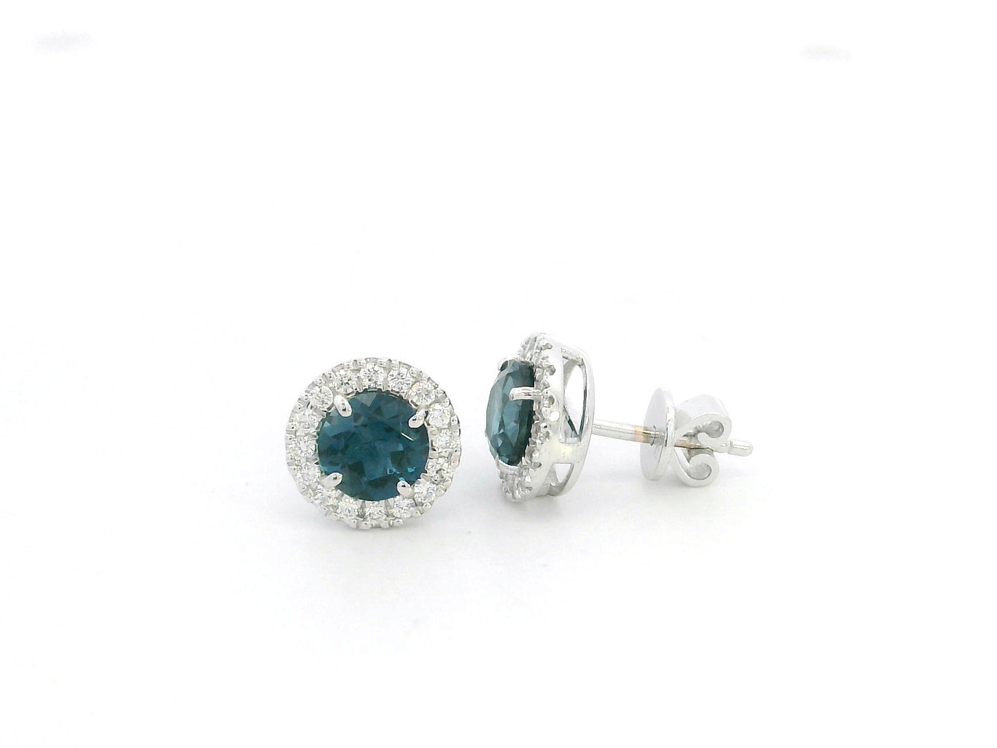 London Blue Topaz and Diamond Halo Stud Earrings in 18K White Gold with 1.85 Carat Natural London Blue Topaz