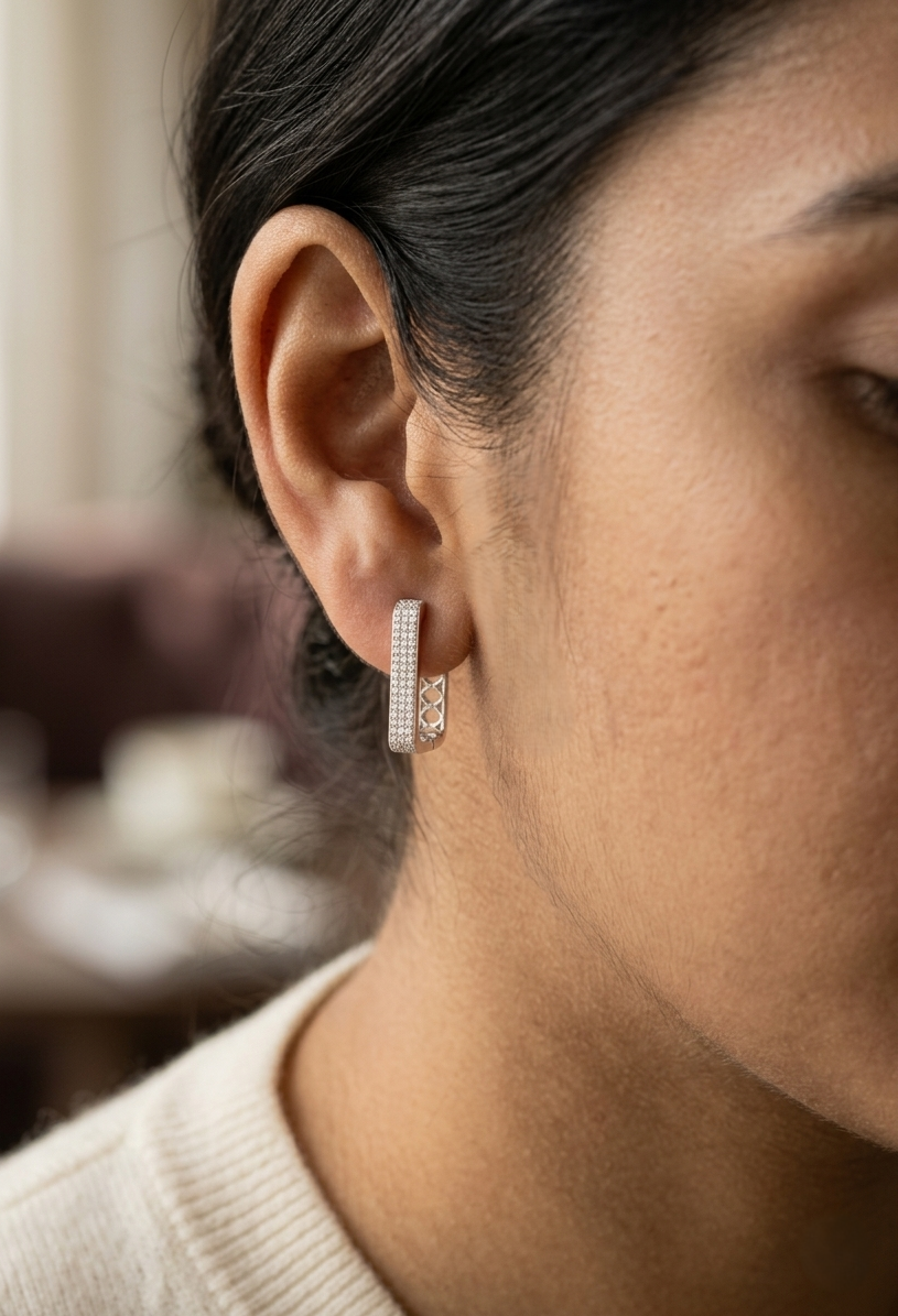 Diamond hoop earrings in 18K white gold with 0.41 carat natural diamonds and geometric rectangular design.