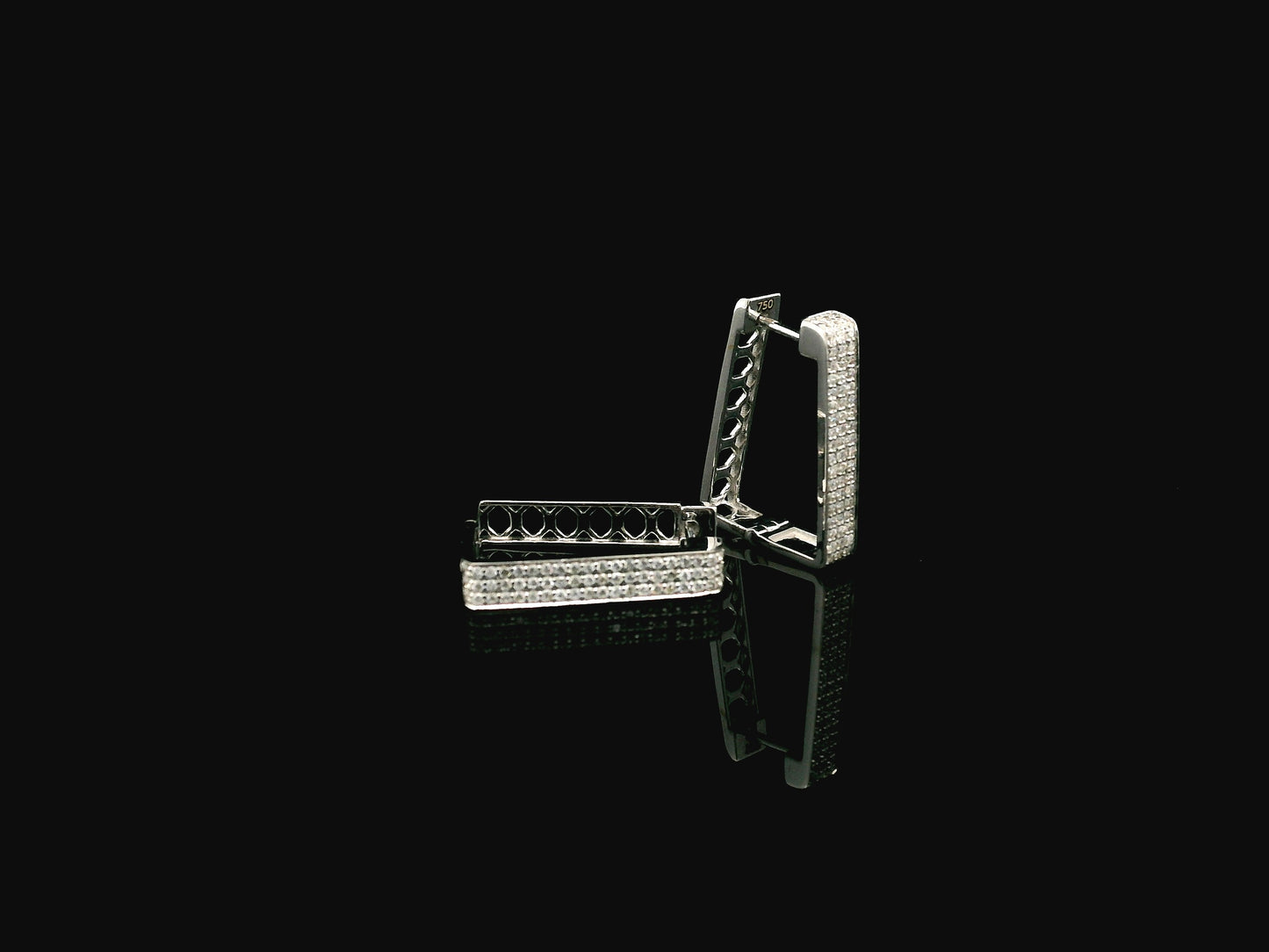 Diamond hoop earrings in 18K white gold with 0.41 carat natural diamonds and geometric rectangular design.