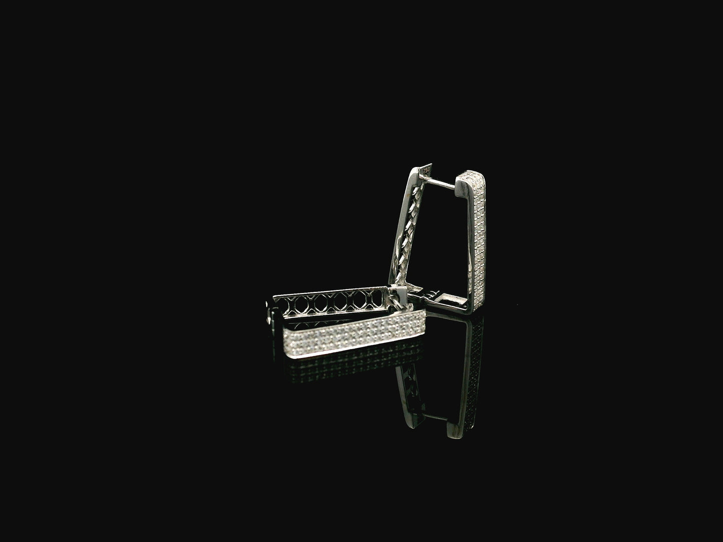 Diamond hoop earrings in 18K white gold with 0.41 carat natural diamonds and geometric rectangular design.