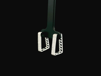Diamond hoop earrings in 18K white gold with 0.41 carat natural diamonds and geometric rectangular design.
