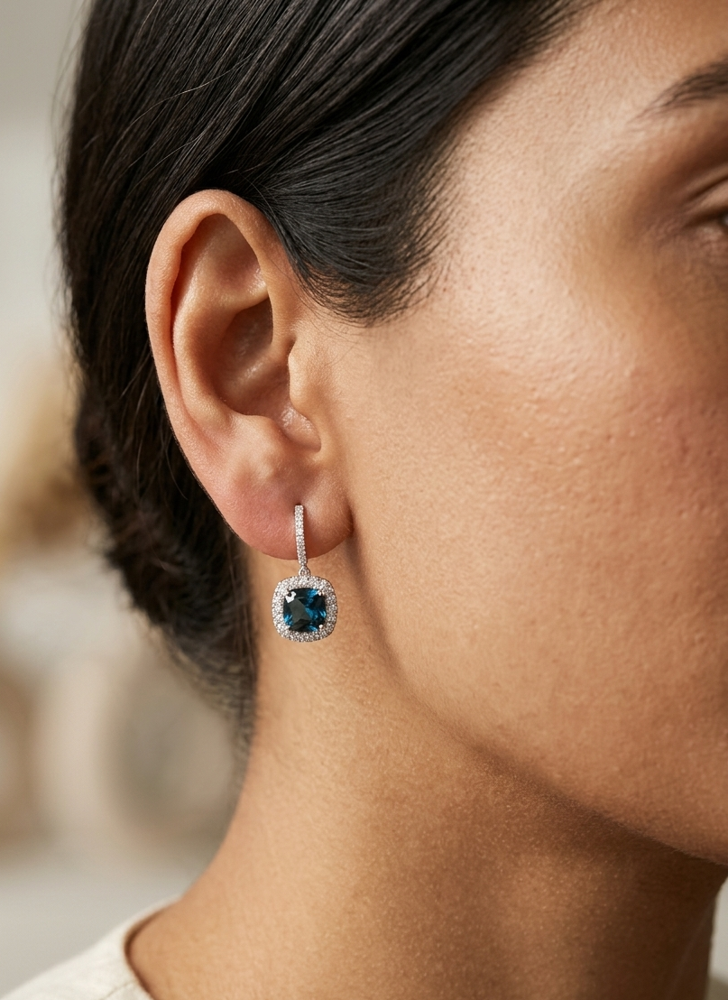 London Blue Topaz and Diamond Halo Drop Earrings in 18K White Gold with 3.28 Carat Cushion Cut London Blue Topaz