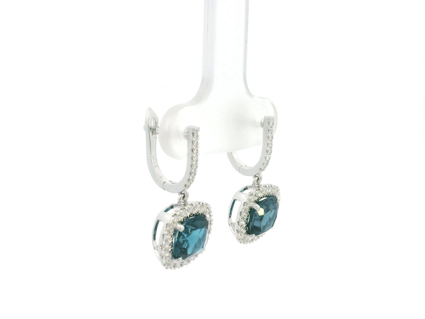London Blue Topaz and Diamond Halo Drop Earrings in 18K White Gold with 3.28 Carat Cushion Cut London Blue Topaz