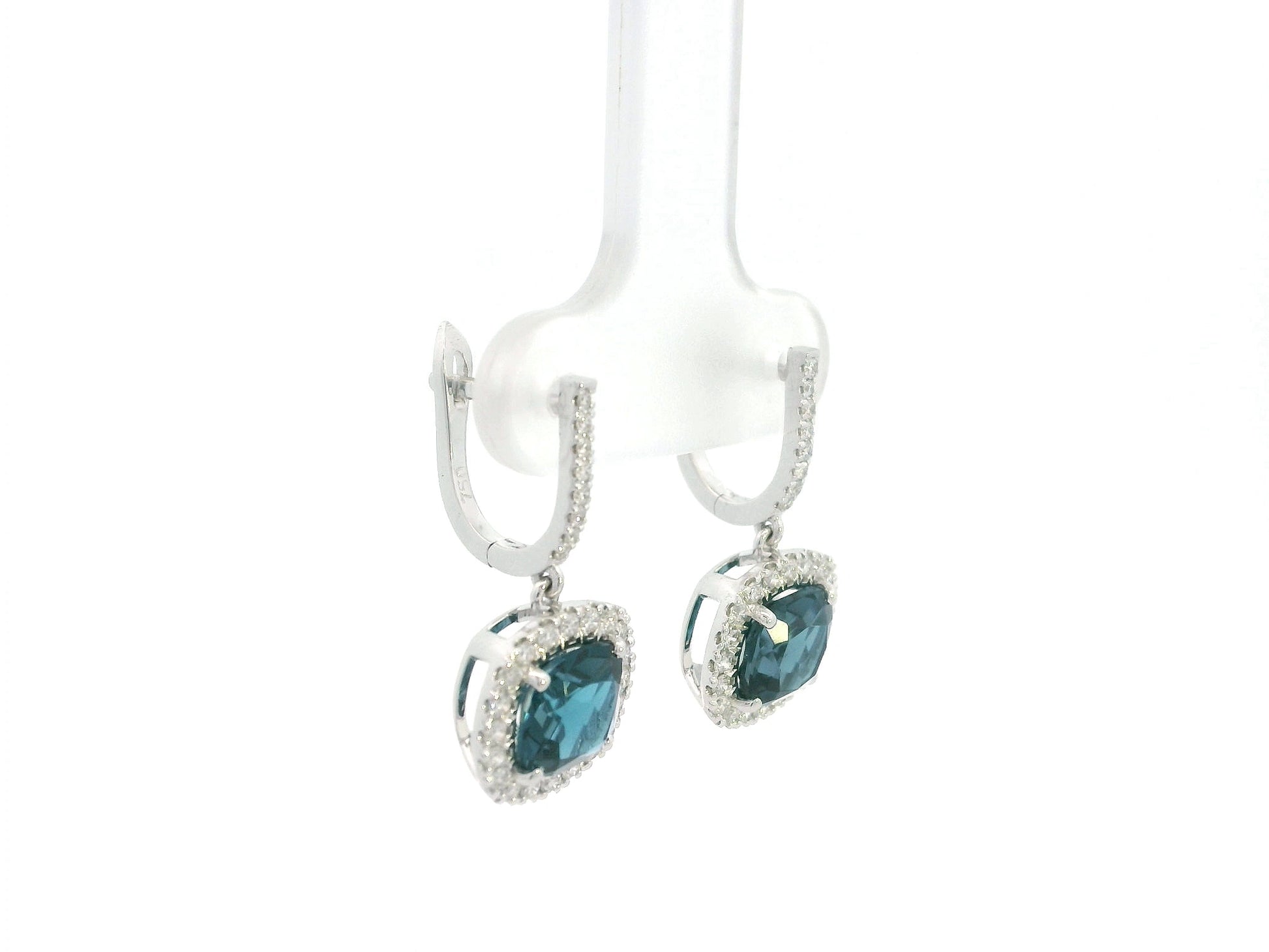 London Blue Topaz and Diamond Halo Drop Earrings in 18K White Gold with 3.28 Carat Cushion Cut London Blue Topaz