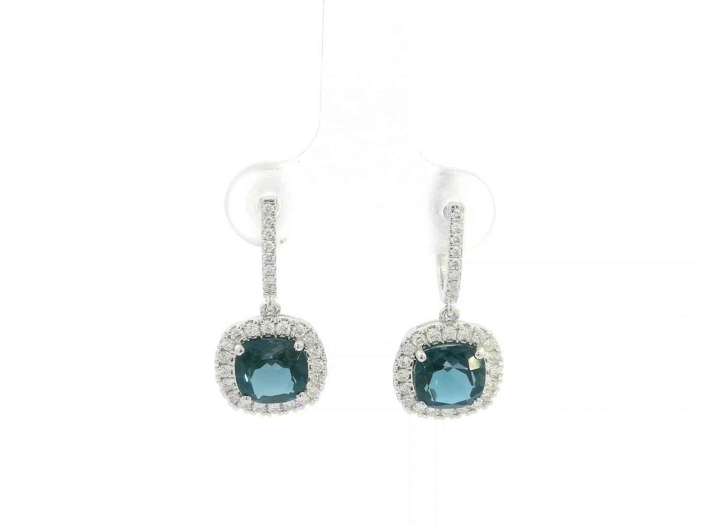 London Blue Topaz and Diamond Halo Drop Earrings in 18K White Gold with 3.28 Carat Cushion Cut London Blue Topaz