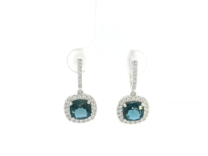 London Blue Topaz and Diamond Halo Drop Earrings in 18K White Gold with 3.28 Carat Cushion Cut London Blue Topaz