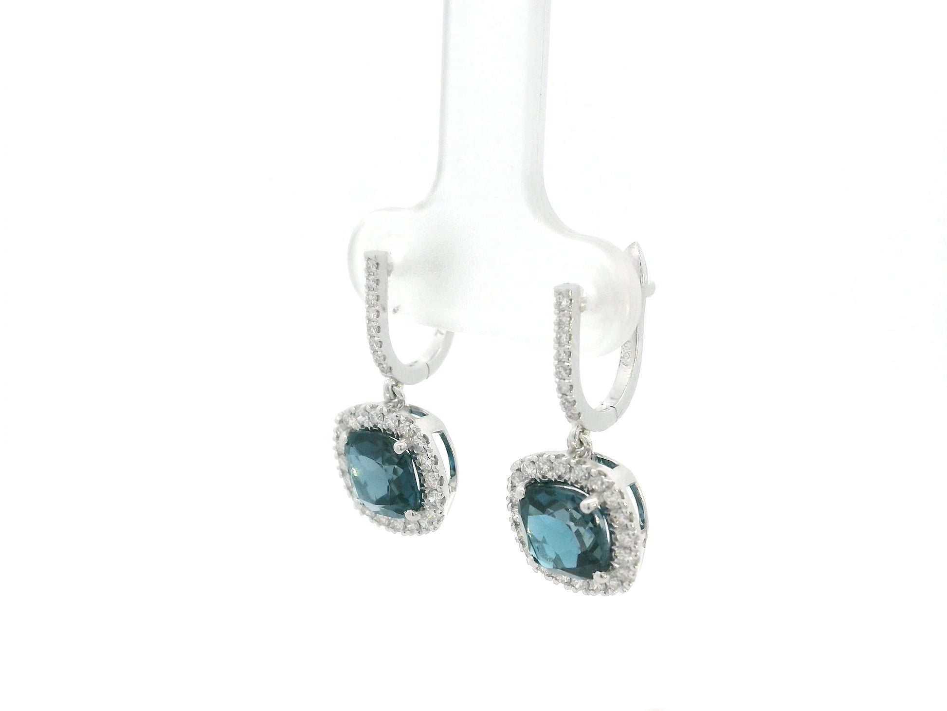 London Blue Topaz and Diamond Halo Drop Earrings in 18K White Gold with 3.28 Carat Cushion Cut London Blue Topaz