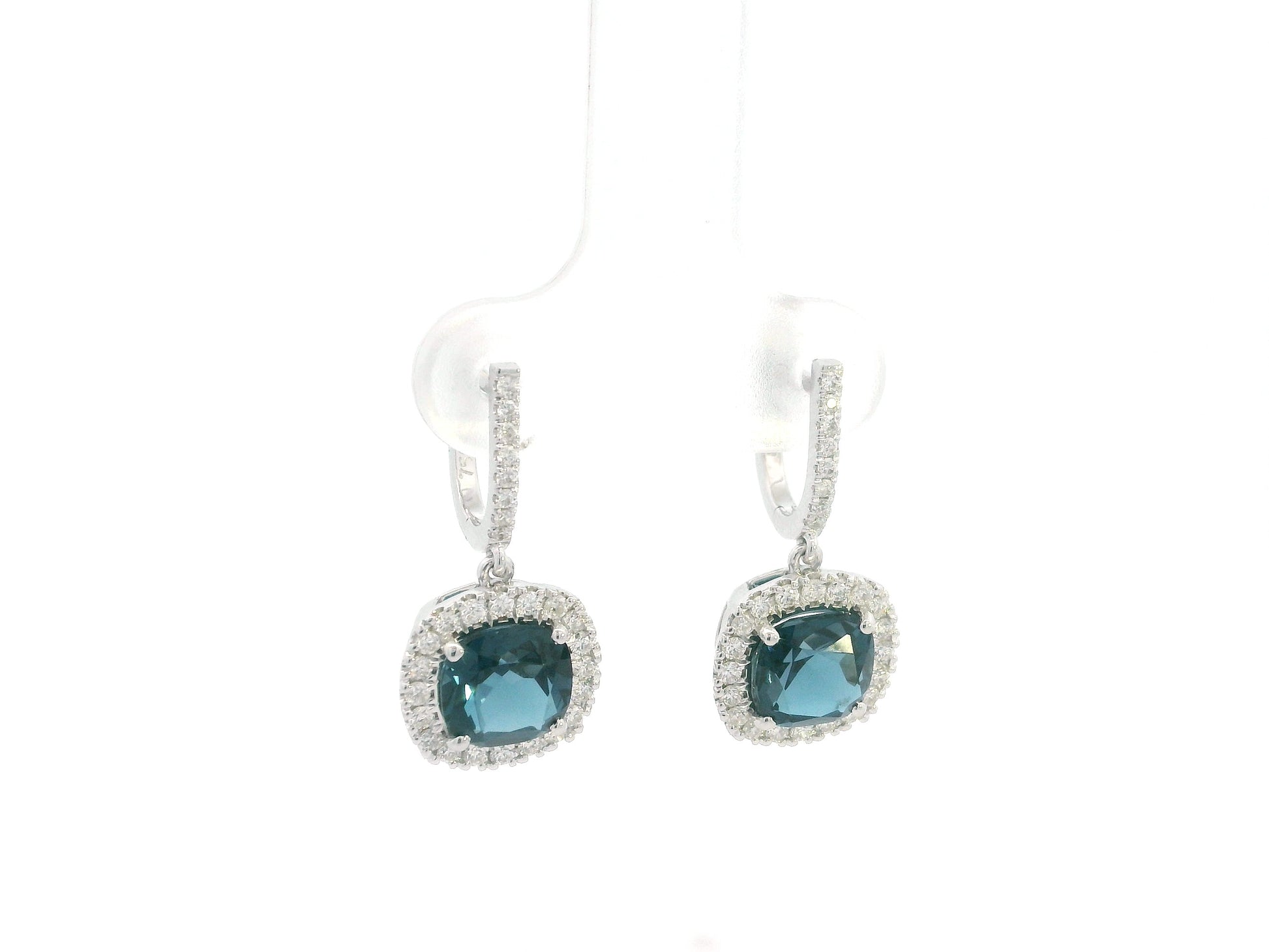 London Blue Topaz and Diamond Halo Drop Earrings in 18K White Gold with 3.28 Carat Cushion Cut London Blue Topaz